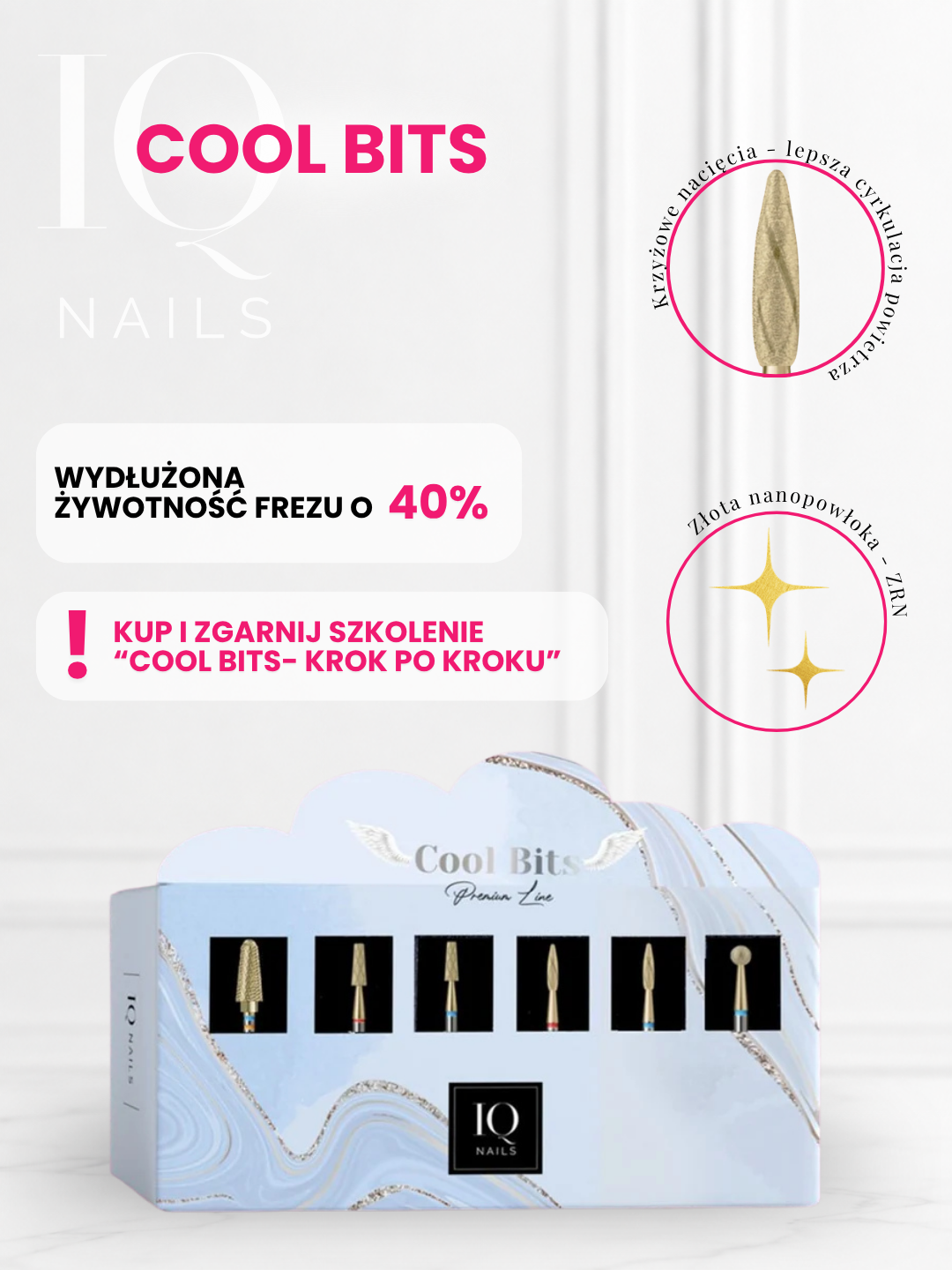 Zestaw 6 Frezów z Innowacyjnymi Krzyżowymi Nacięciami do Skórek, Hybrydy, Żelu i Akrylu- Cool Bits