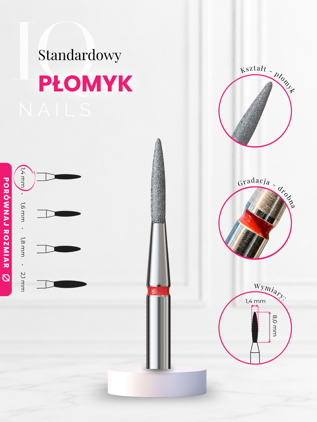 Frezy diamentowe do skórek - delikatny, długi płomyk. Różne rozmiary