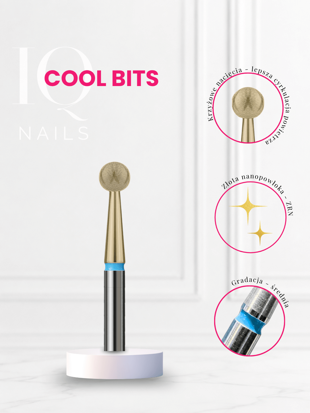 Frez diamentowy do skórek w kształcie kulki z nacięciami COOL BITS GOLD LINE - iqnails