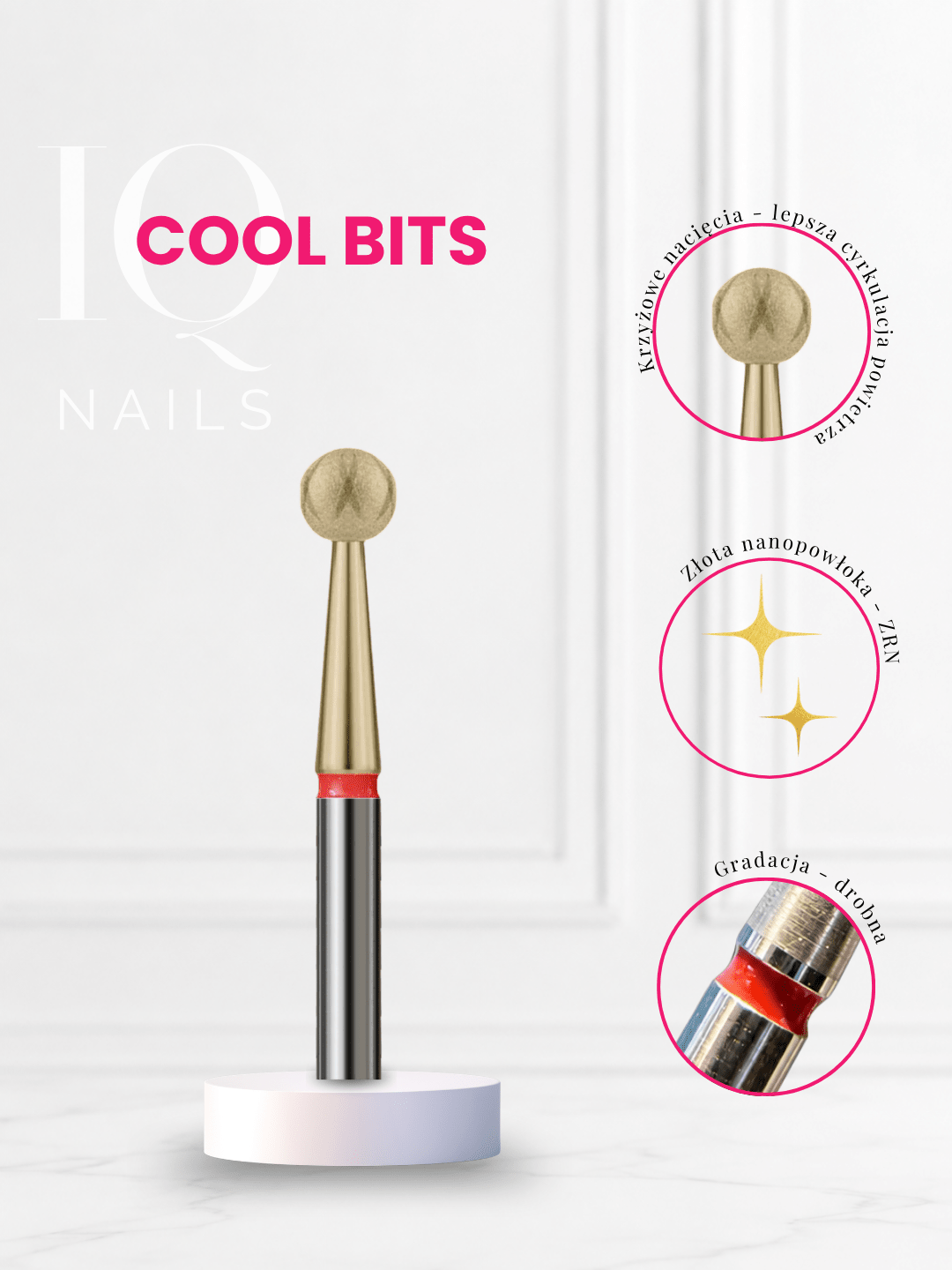 Frez diamentowy do skórek w kształcie kulki z nacięciami COOL BITS GOLD LINE - iqnails