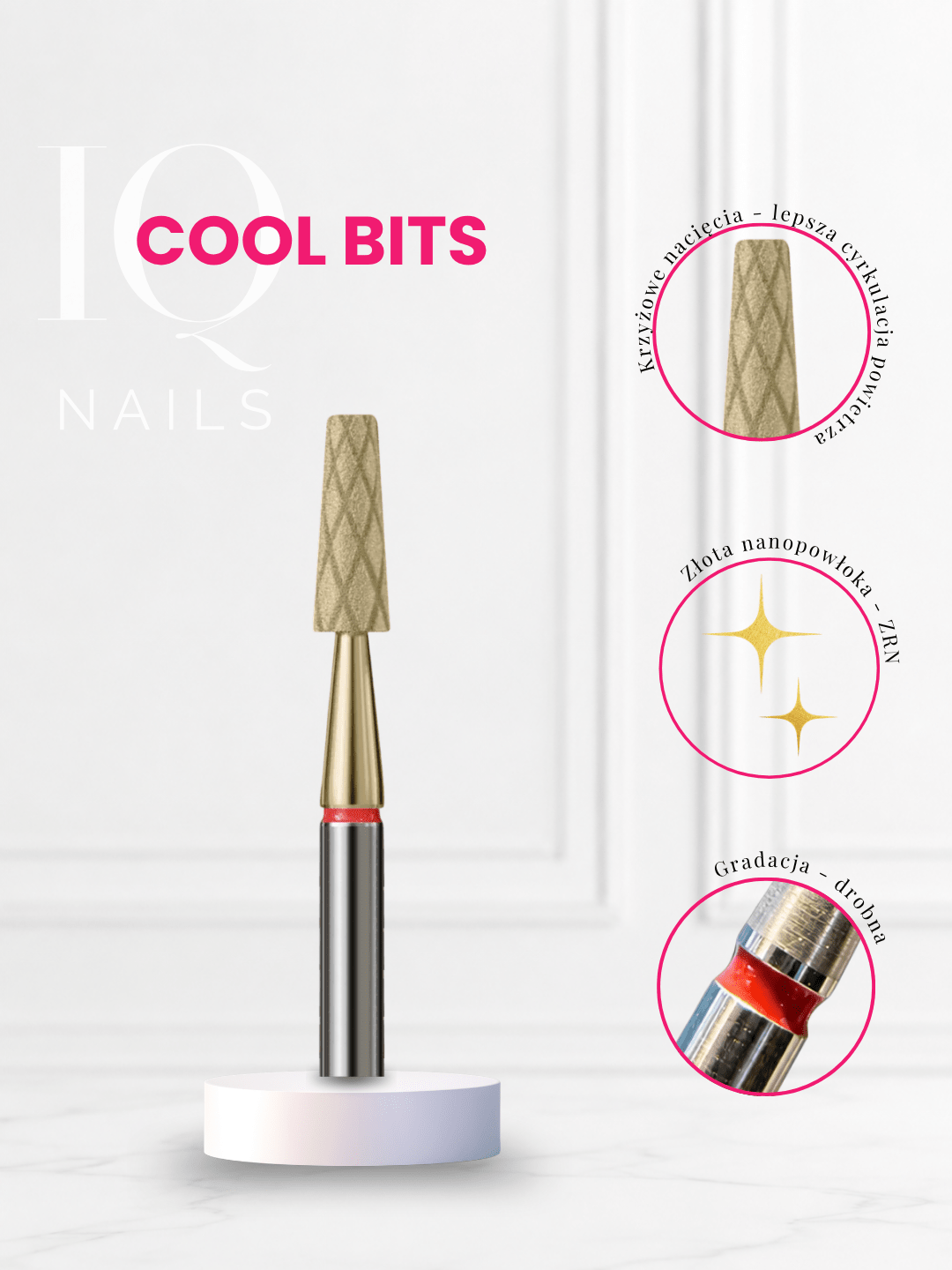 Frez diamentowy do skórek w kształcie ściętego stożka – Frez z nacięciami COOL BITS GOLD LINE - iqnails