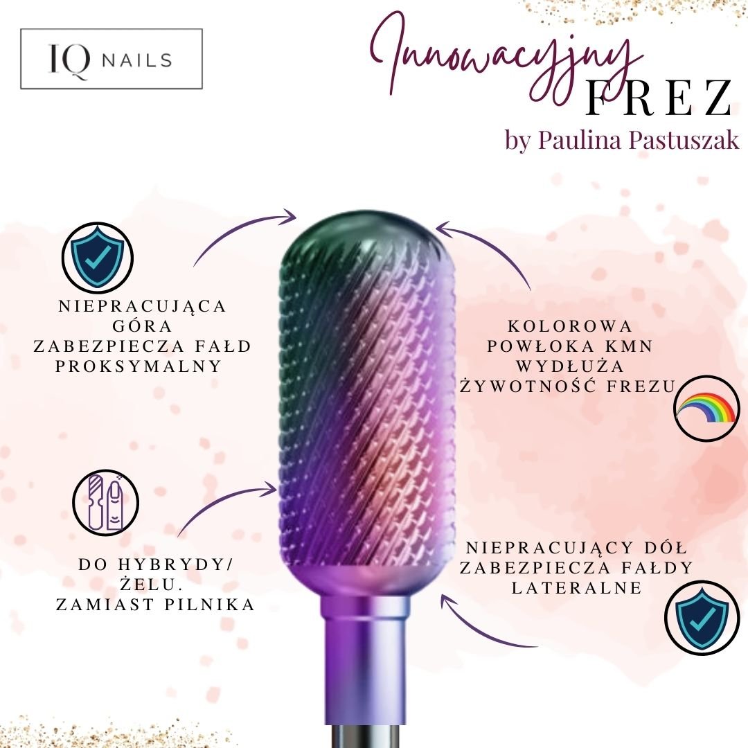Frez z węglika do hybrydy, akrylu i żelu z powłoką kameleon by Paulina Pastuszak - delikatny walec - iqnails