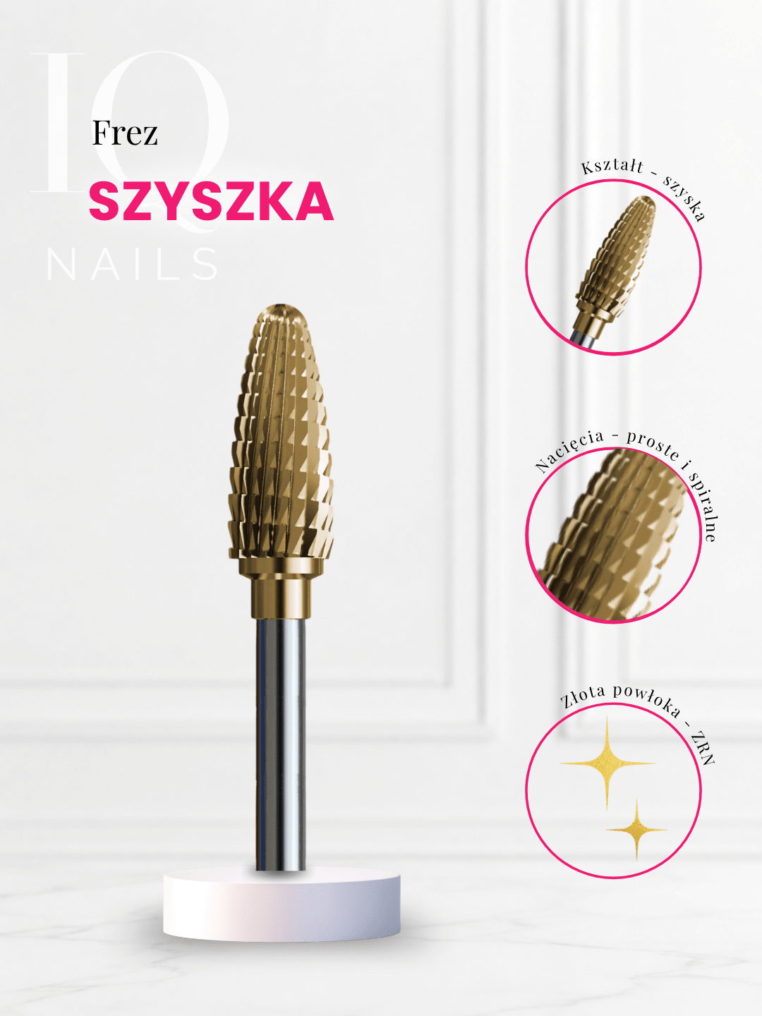 Frez z Węglika do Szybkiego Usuwania Hybrydy, Akrylu i Żelu ze Złotą Powłoką - Zbierająca Szyszka - iqnails