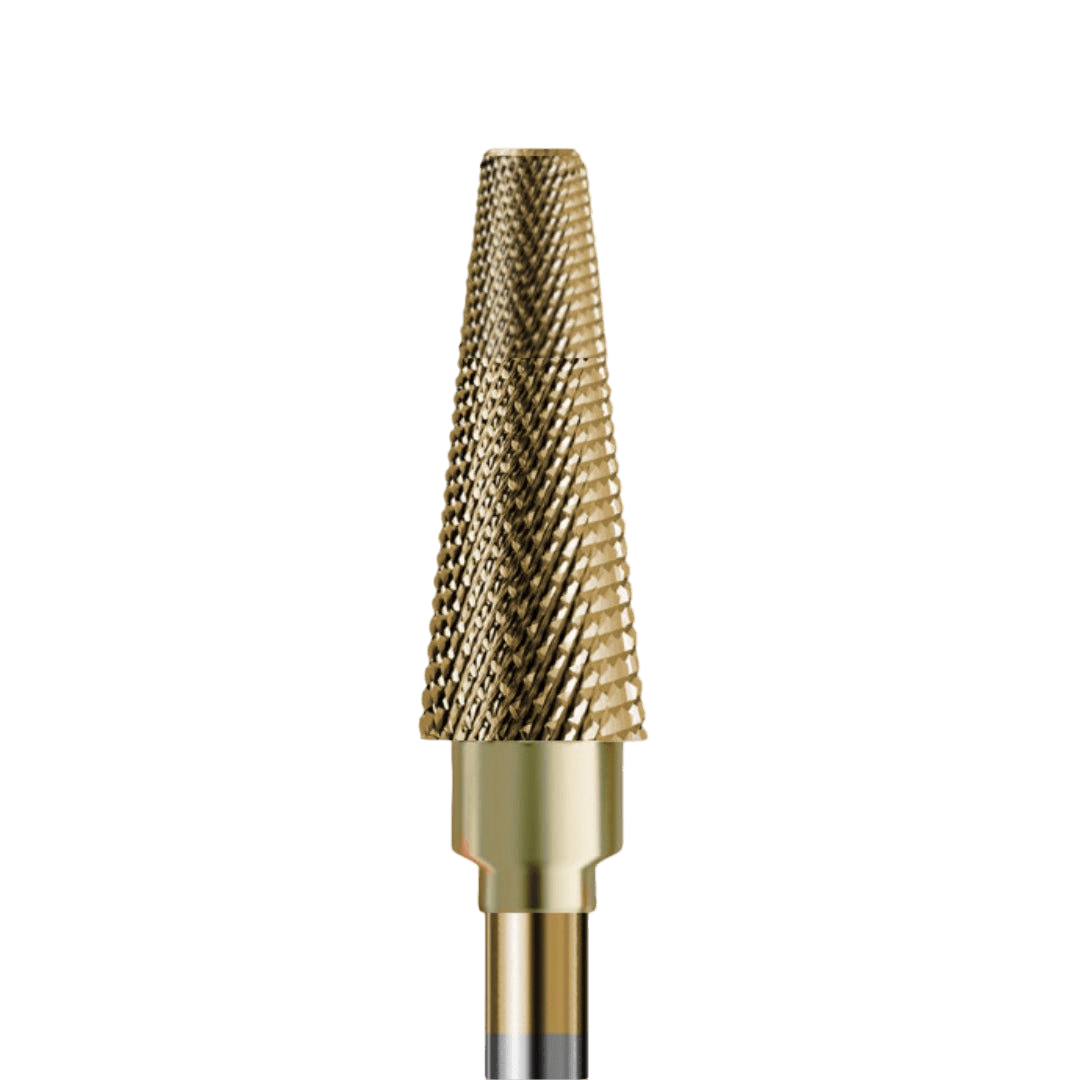 Frez z węglika spiekanego idealny do hybrydy, żelu, pedicure ze złotą powłoką - delikatny stożek - iqnails