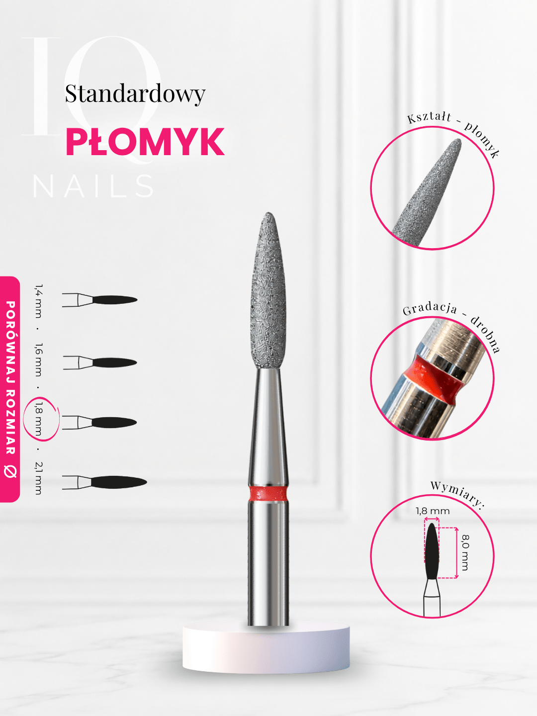 Frezy diamentowe do skórek - delikatny, długi płomyk. Różne rozmiary - iqnails