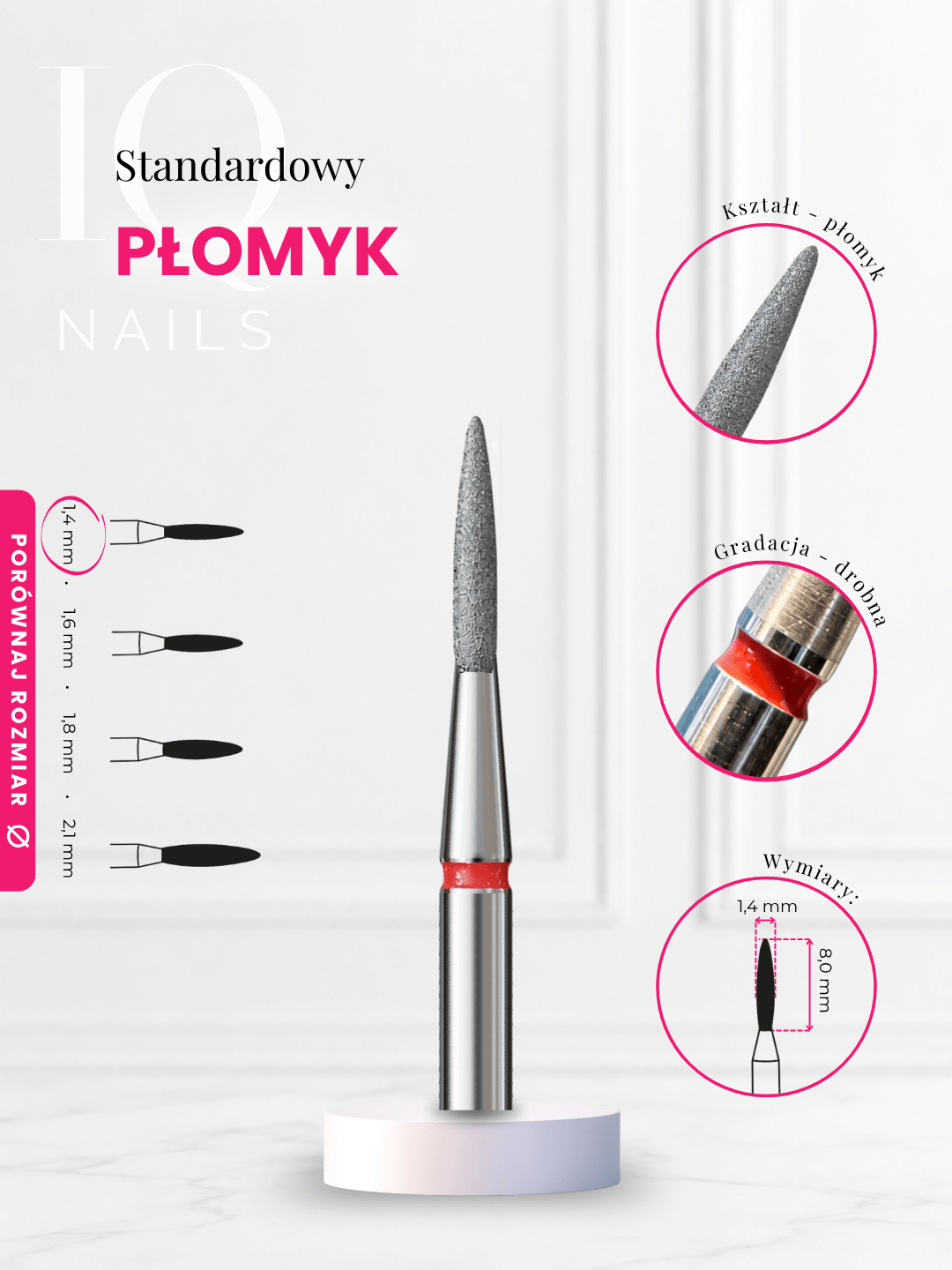Frezy diamentowe do skórek - delikatny, długi płomyk. Różne rozmiary - iqnails