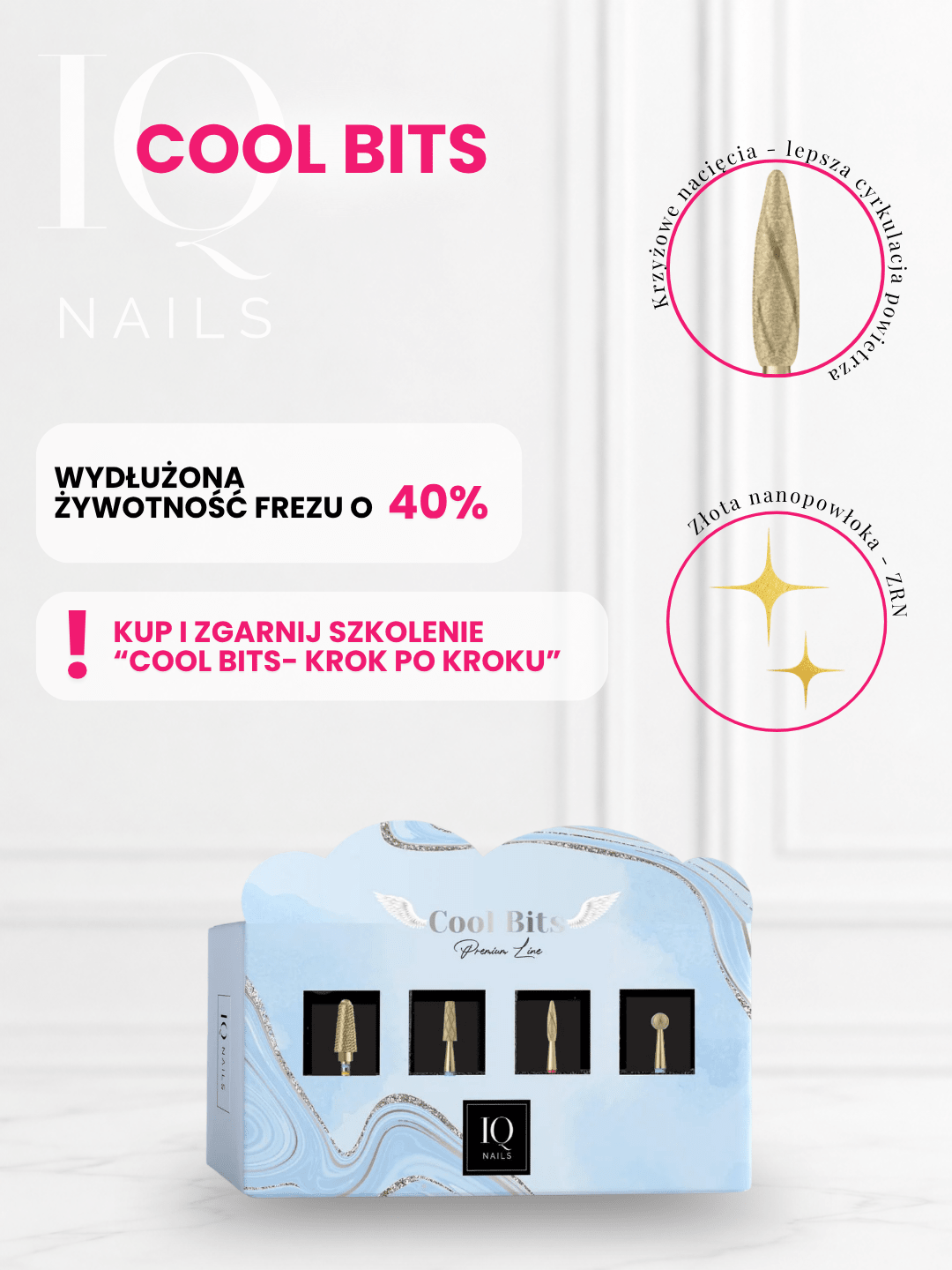 Zestaw 4 Frezów z Innowacyjnymi Krzyżowymi Nacięciami do Skórek, Hybrydy, Żelu i Akrylu- Cool Bits Mini - iqnails