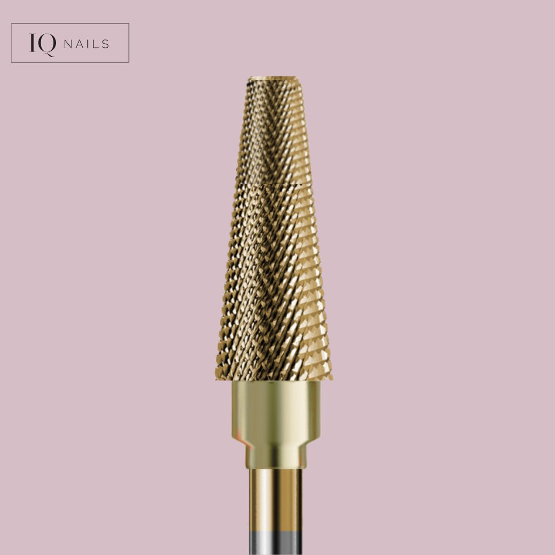 Frez z węglika spiekanego idealny do hybrydy, żelu, pedicure ze złotą powłoką - delikatny stożek - iqnails