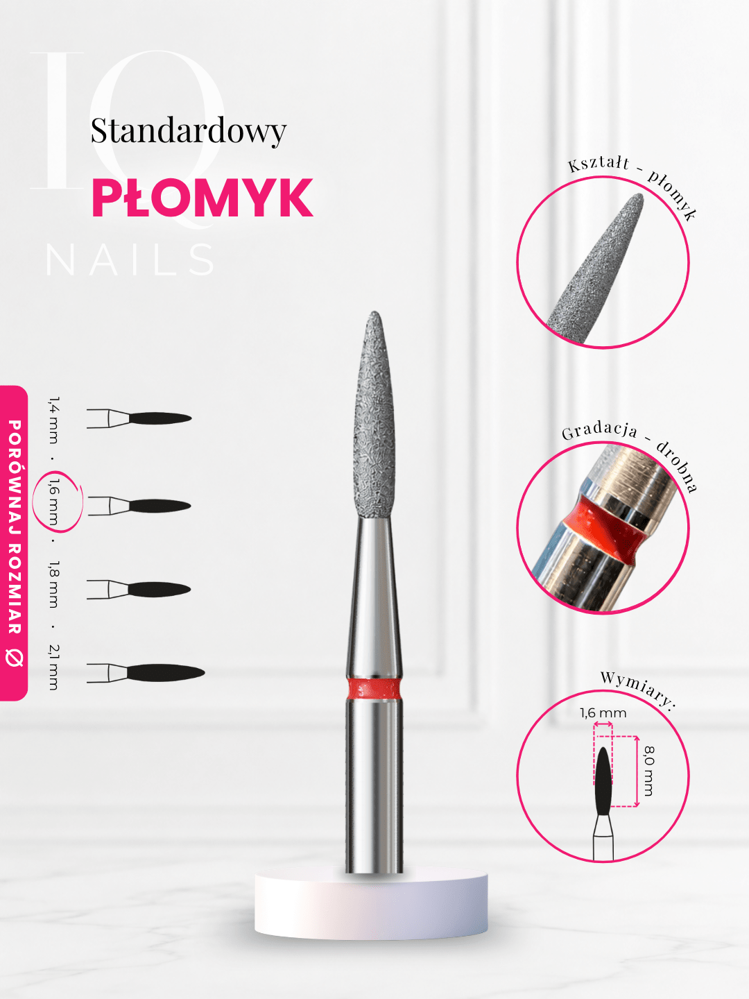 Frezy diamentowe do skórek - delikatny, długi płomyk. Różne rozmiary - iqnails