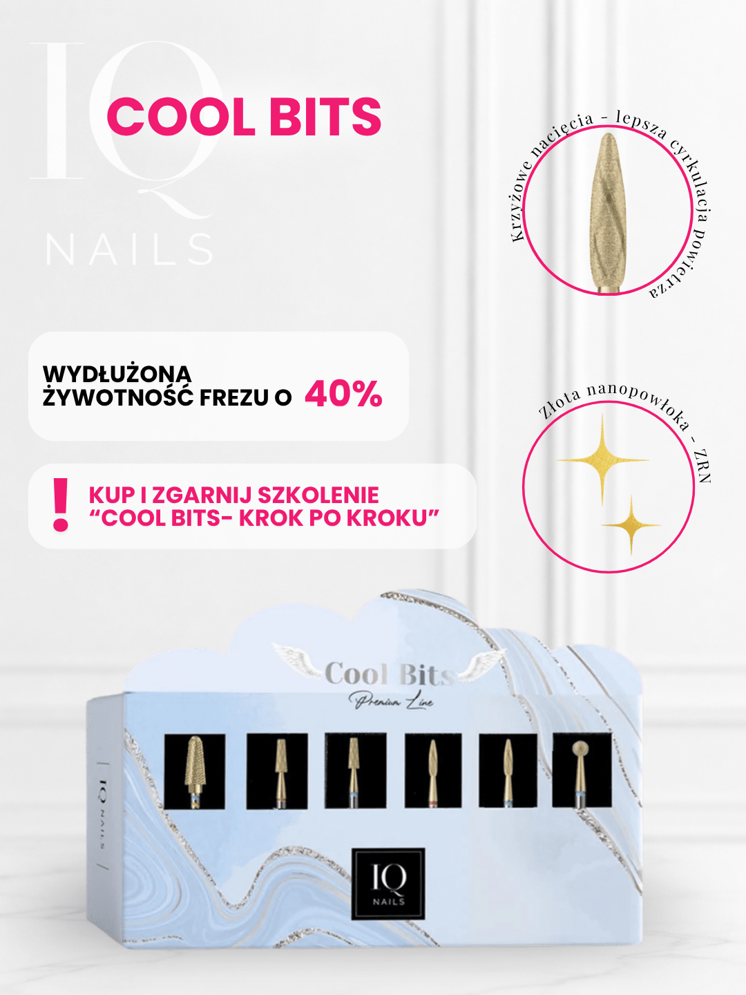 Zestaw 6 Frezów z Innowacyjnymi Krzyżowymi Nacięciami do Skórek, Hybrydy, Żelu i Akrylu- Cool Bits - iqnails